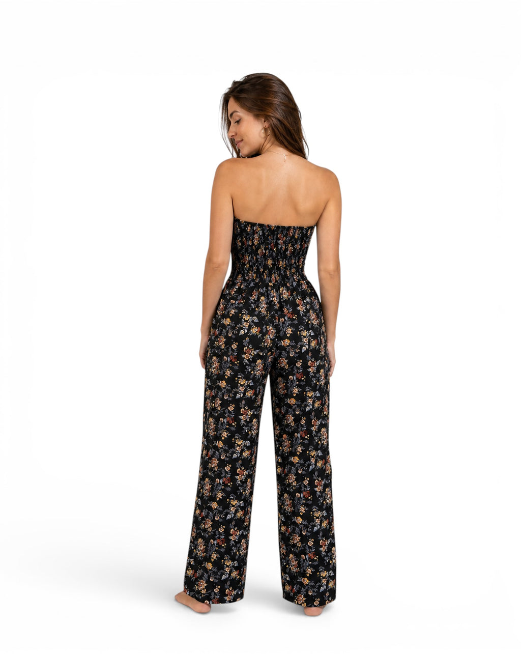 Combinaison bustier fleurie d’été noir jambes large style bohème