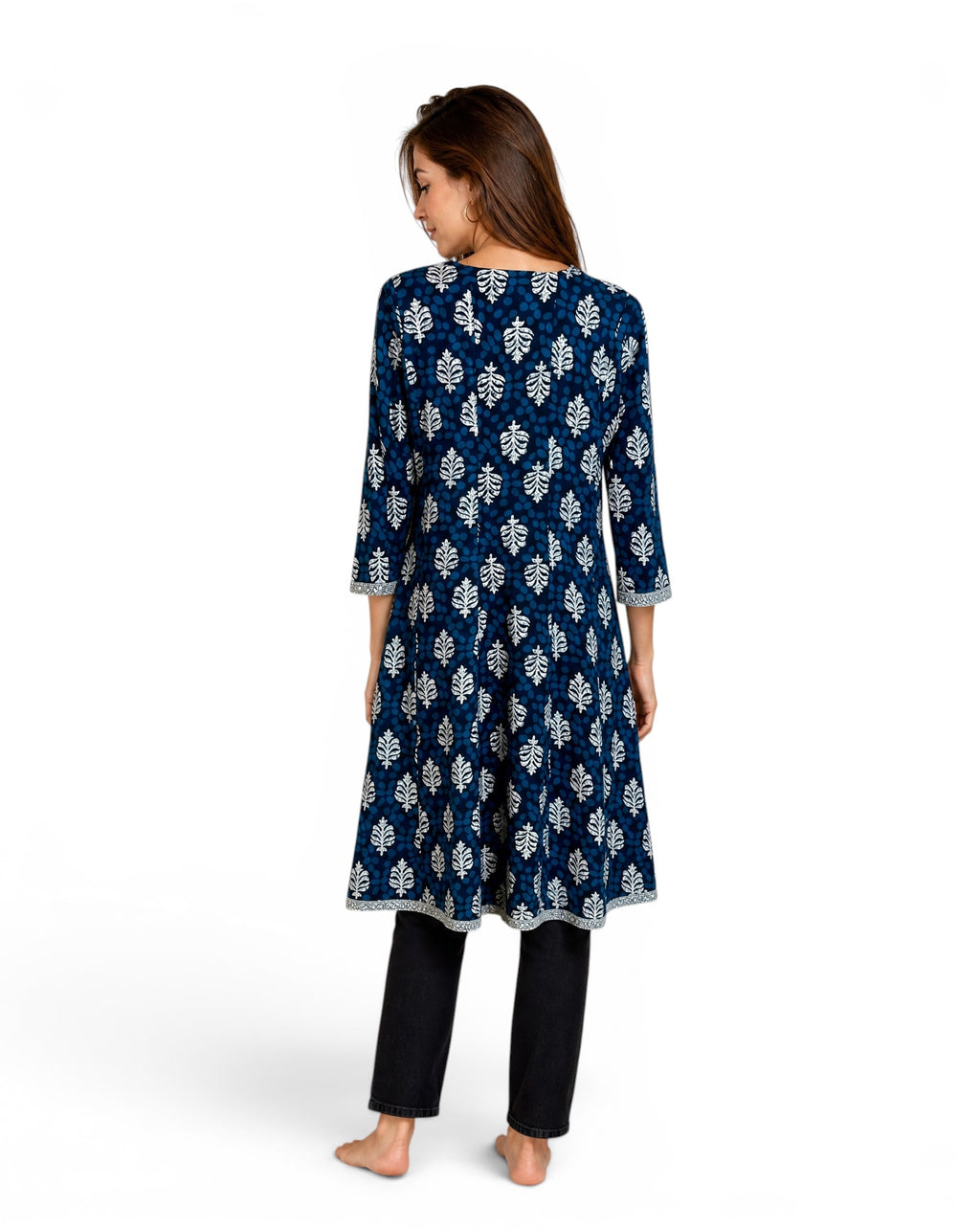 Lange Tuniek in Indiase Kurta-stijl met Florale en Geometrische Print Blauw 100% Rayon