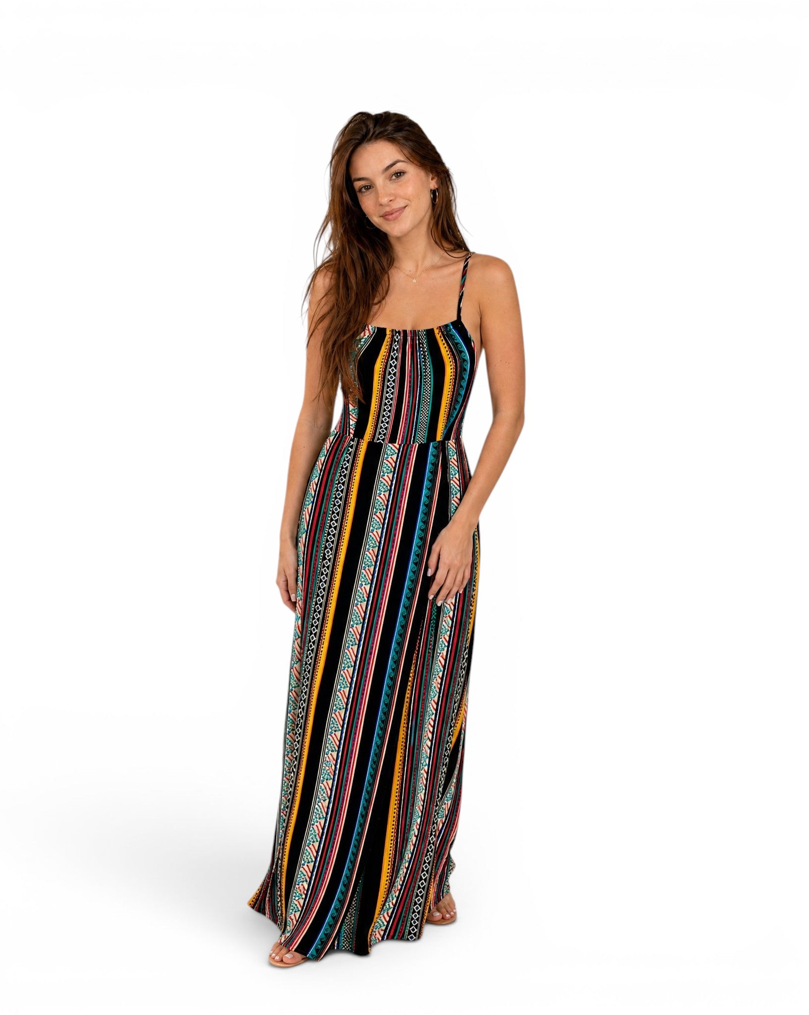Lange jurk met open rug Boho - 100% Viscose - Meerkleurige etnische print