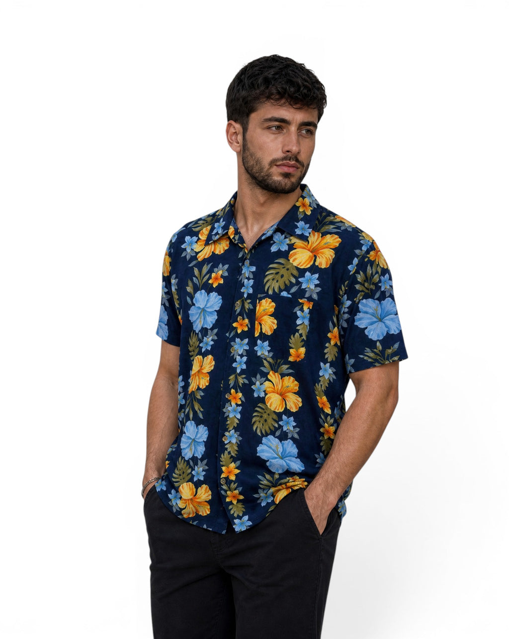 Hawaïhemd Oliver & Burke Bloemenprint Blauw en Geel