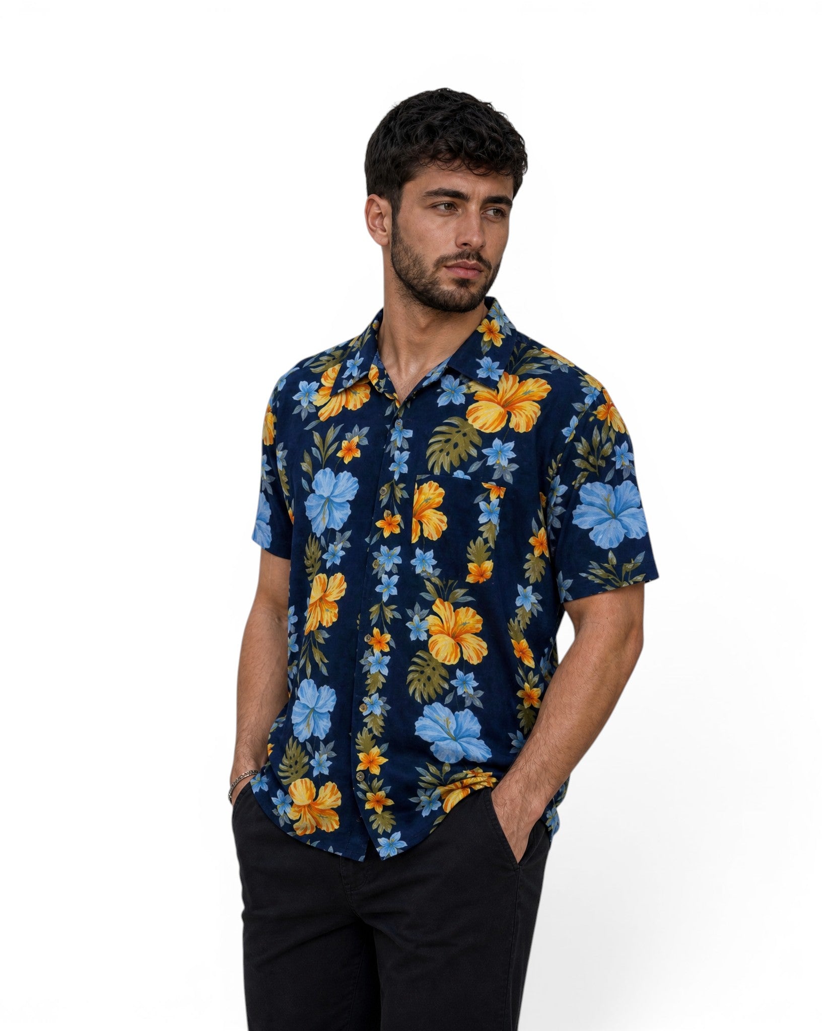 Hawaïhemd Oliver & Burke Bloemenprint Blauw en Geel