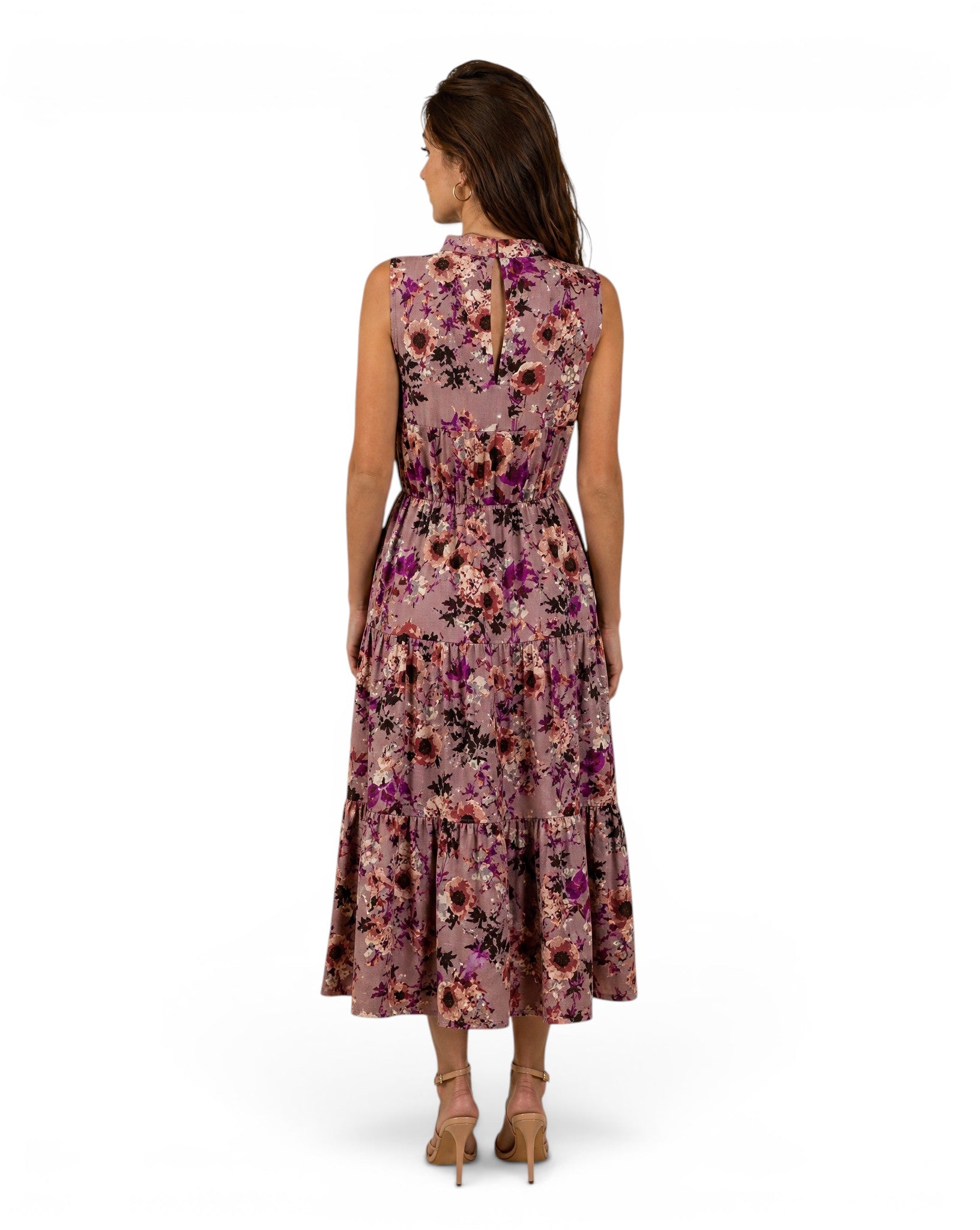 Lange bloemenjurk LULUS mauve boho – Opstaande kraag Bruiloft / Ceremonie