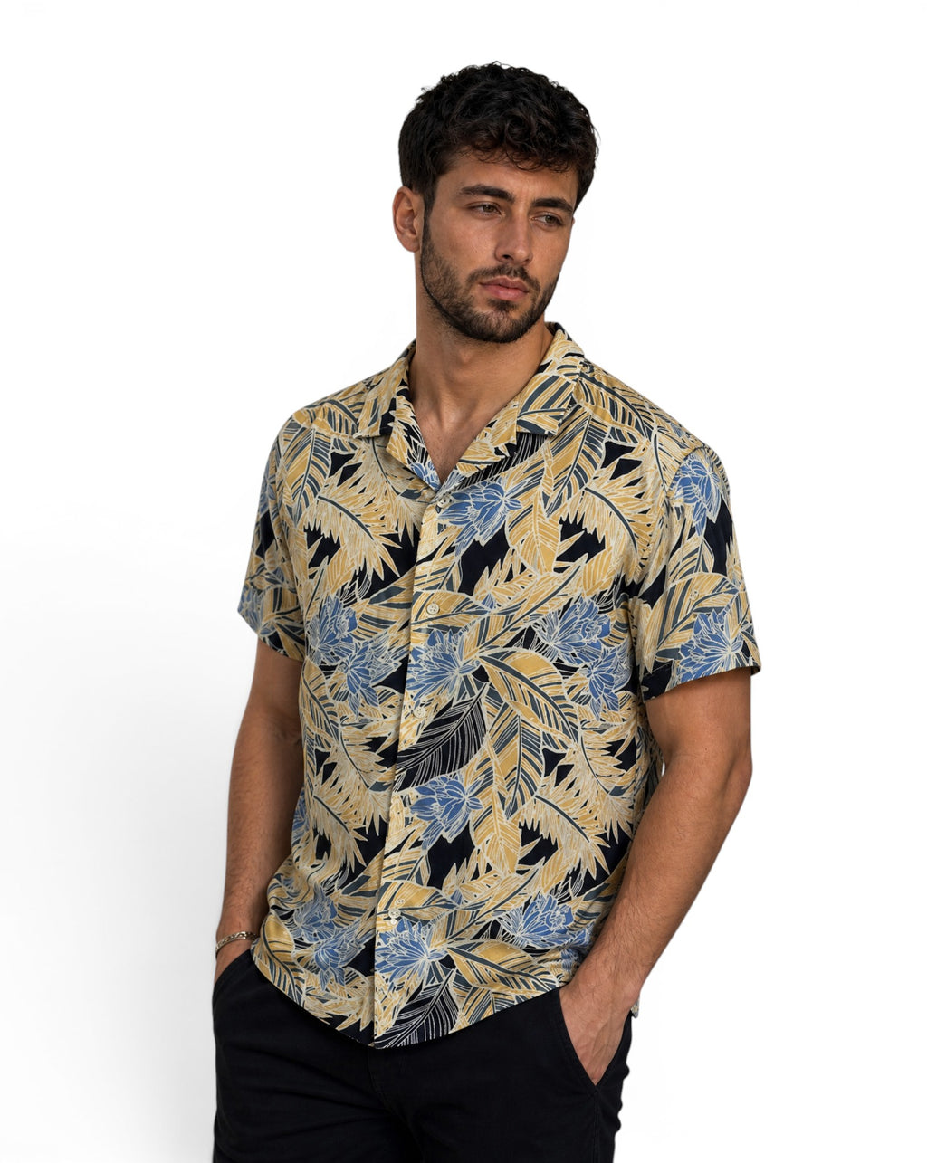 Hawaïhemd Club Room 55% Zijde & Rayon Bloemenprint Geel / Blauw