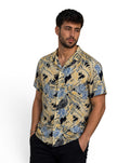 Hawaïhemd Club Room 55% Zijde & Rayon Bloemenprint Geel / Blauw