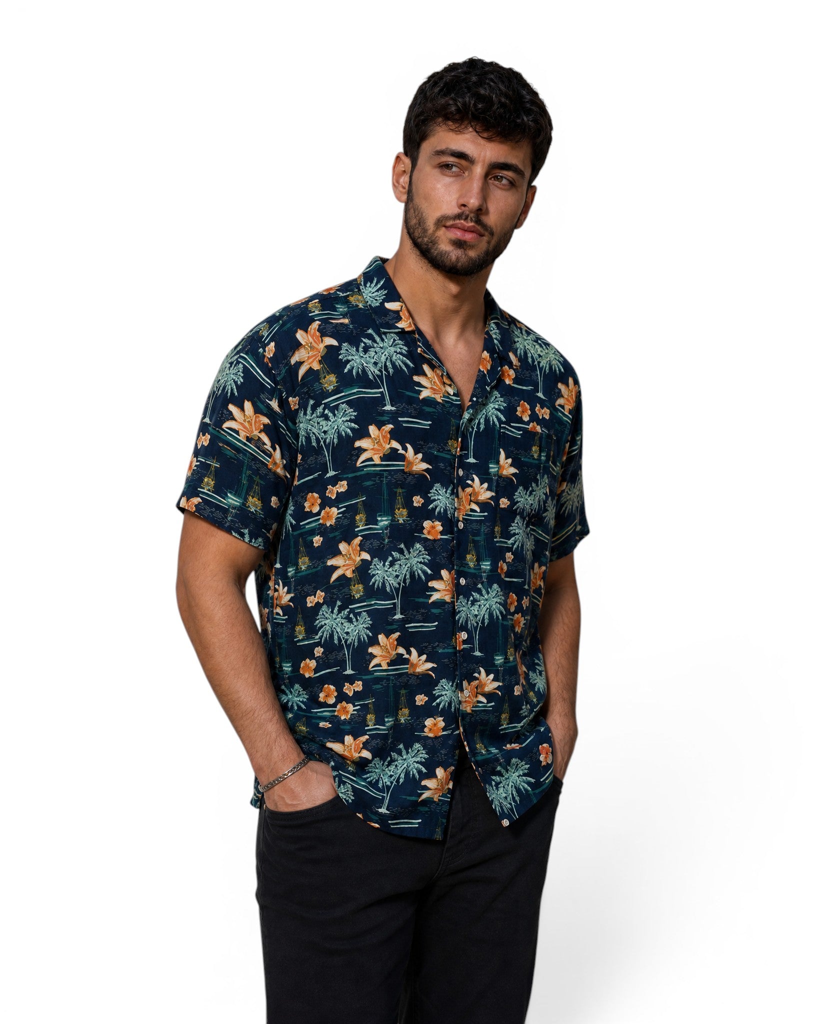 Hawaïhemd Rivers 100% Viscose Blauw Palmboom- & Oranje Lelieprint
