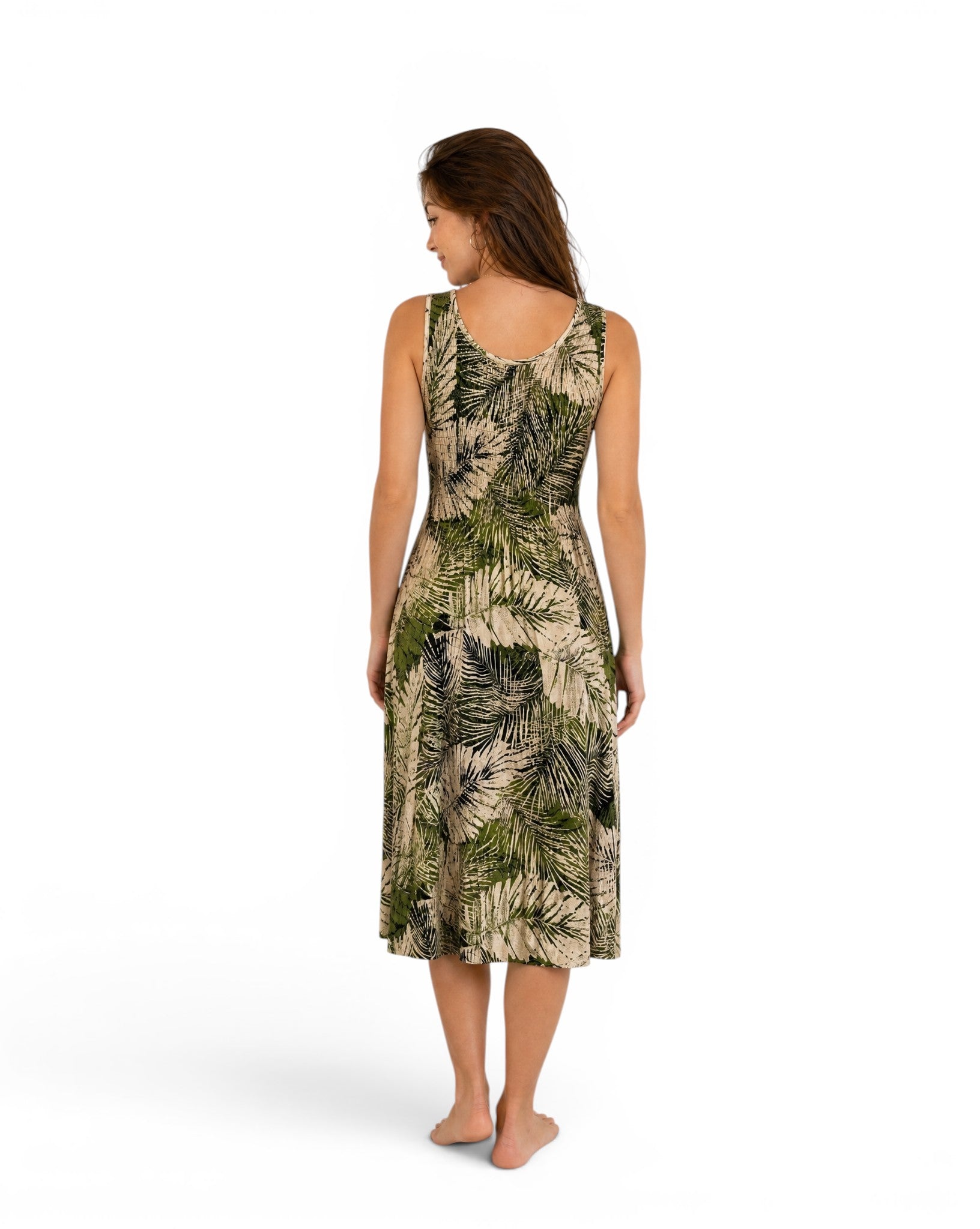 Robe Longue Fleurie Tropicale Imprimé Palmier Vert & Crème Buste Smoké 100% Rayonne