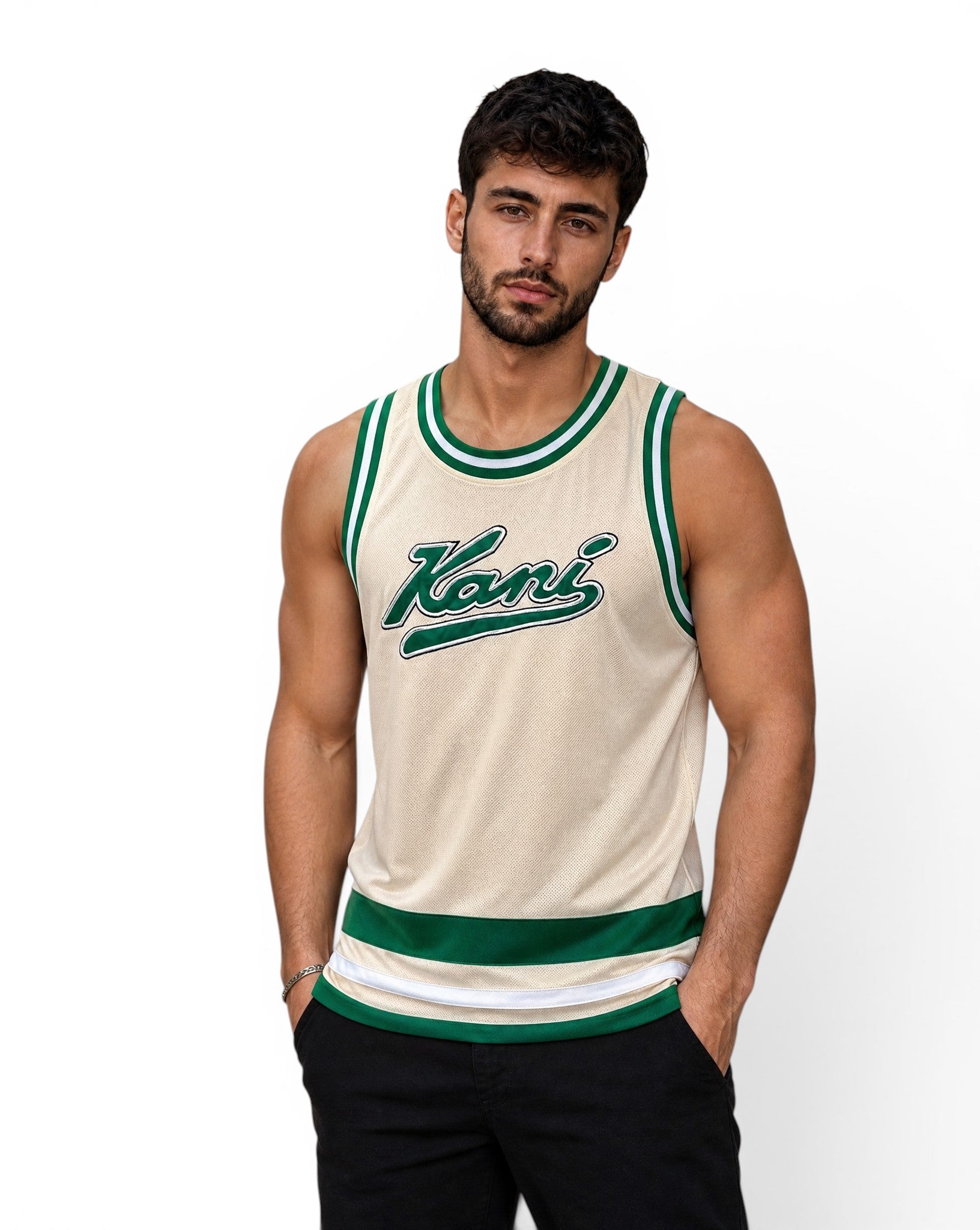 Karl Kani Vintage Basketball Jersey - Crème/Groen - Y2K Hip Hop Stijl