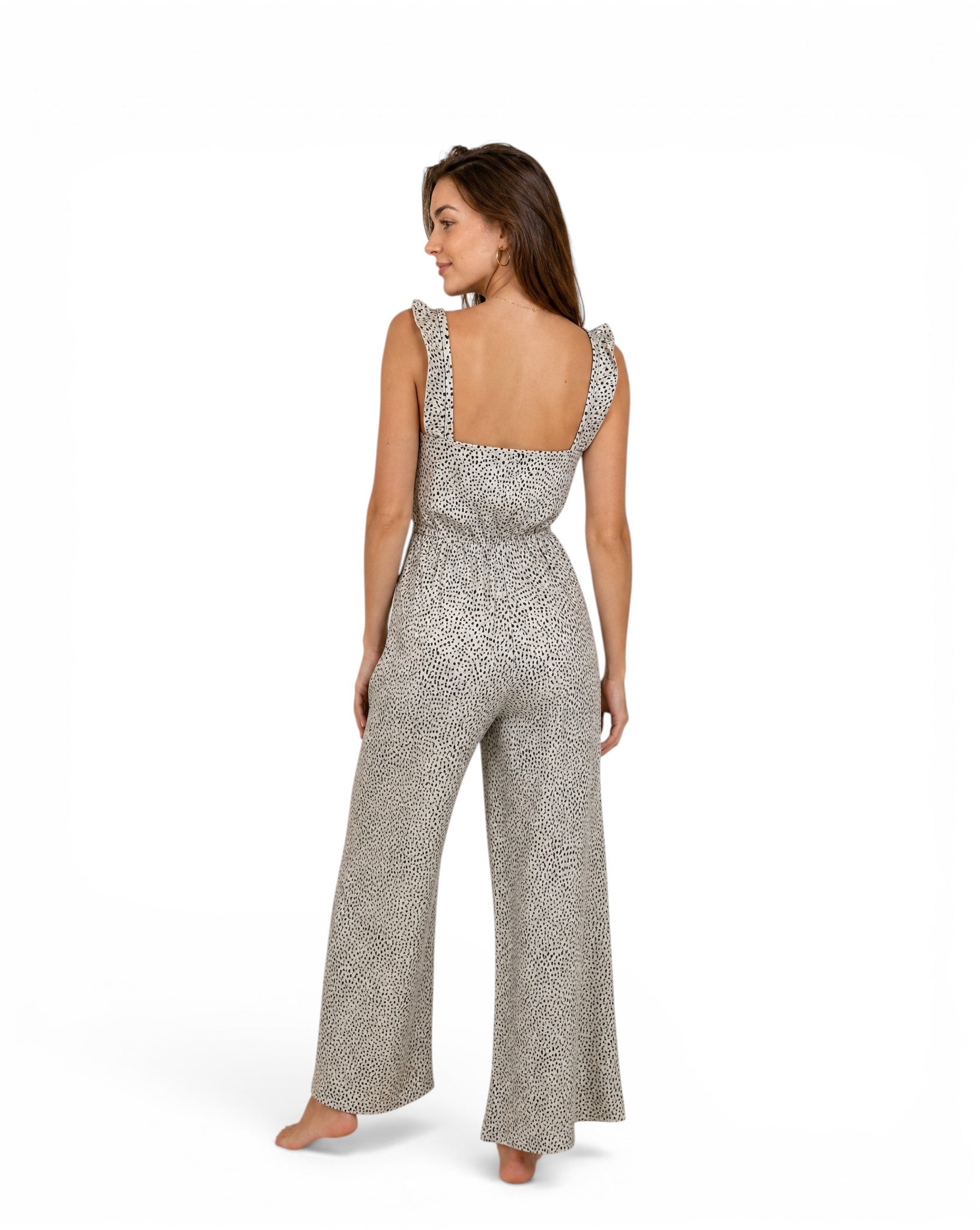 Zomerse jumpsuit Stradivarius crème-wit zwarte stippen bandjes met ruches