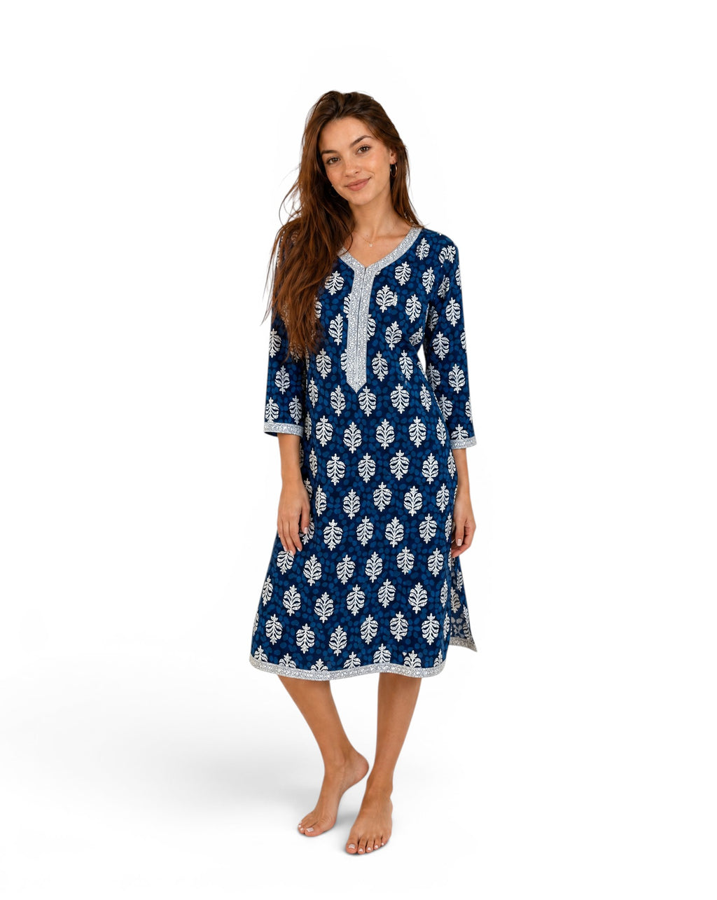 Lange Tuniek in Indiase Kurta-stijl met Florale en Geometrische Print Blauw 100% Rayon