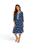 Lange Tuniek in Indiase Kurta-stijl met Florale en Geometrische Print Blauw 100% Rayon