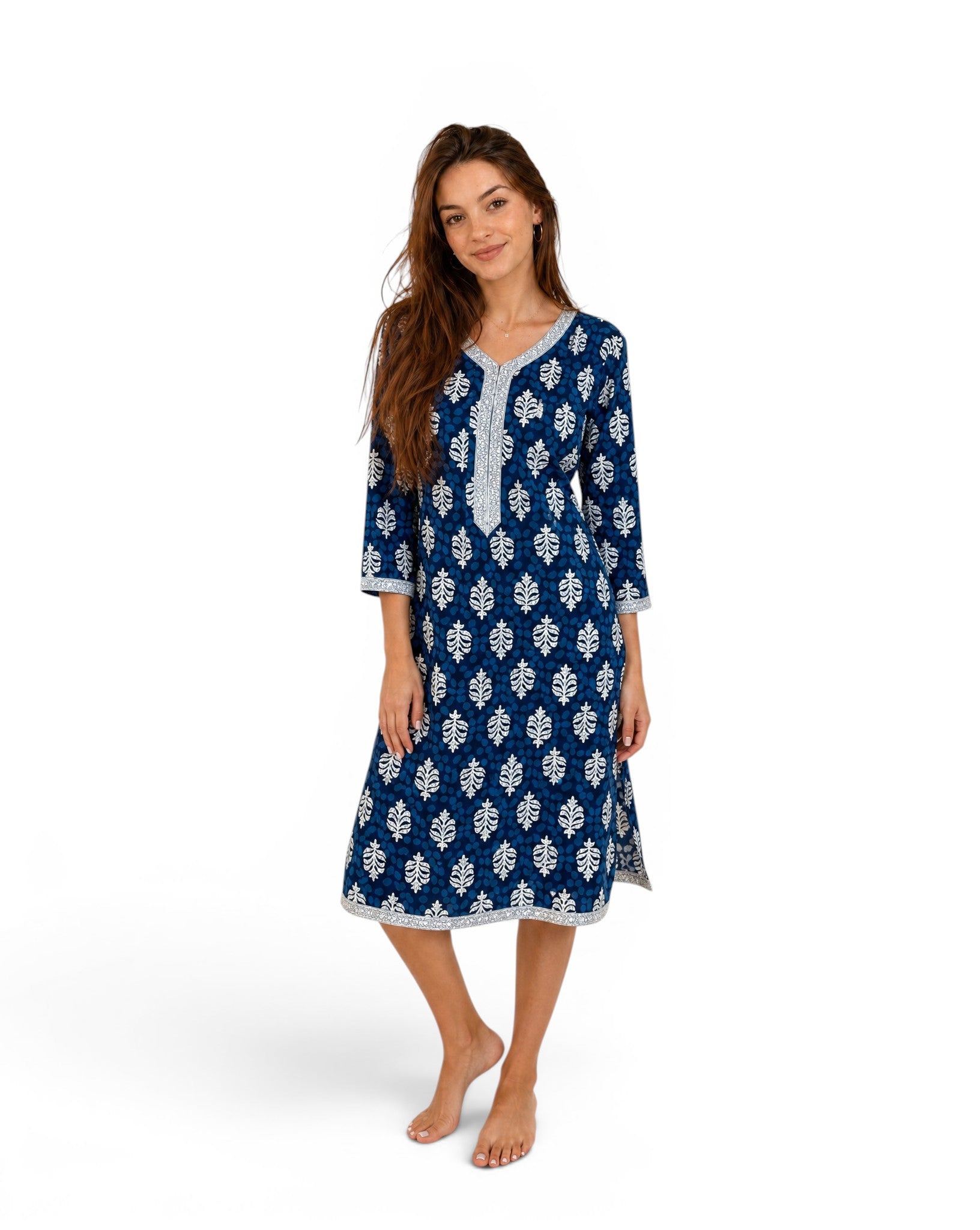 Lange Tuniek in Indiase Kurta-stijl met Florale en Geometrische Print Blauw 100% Rayon