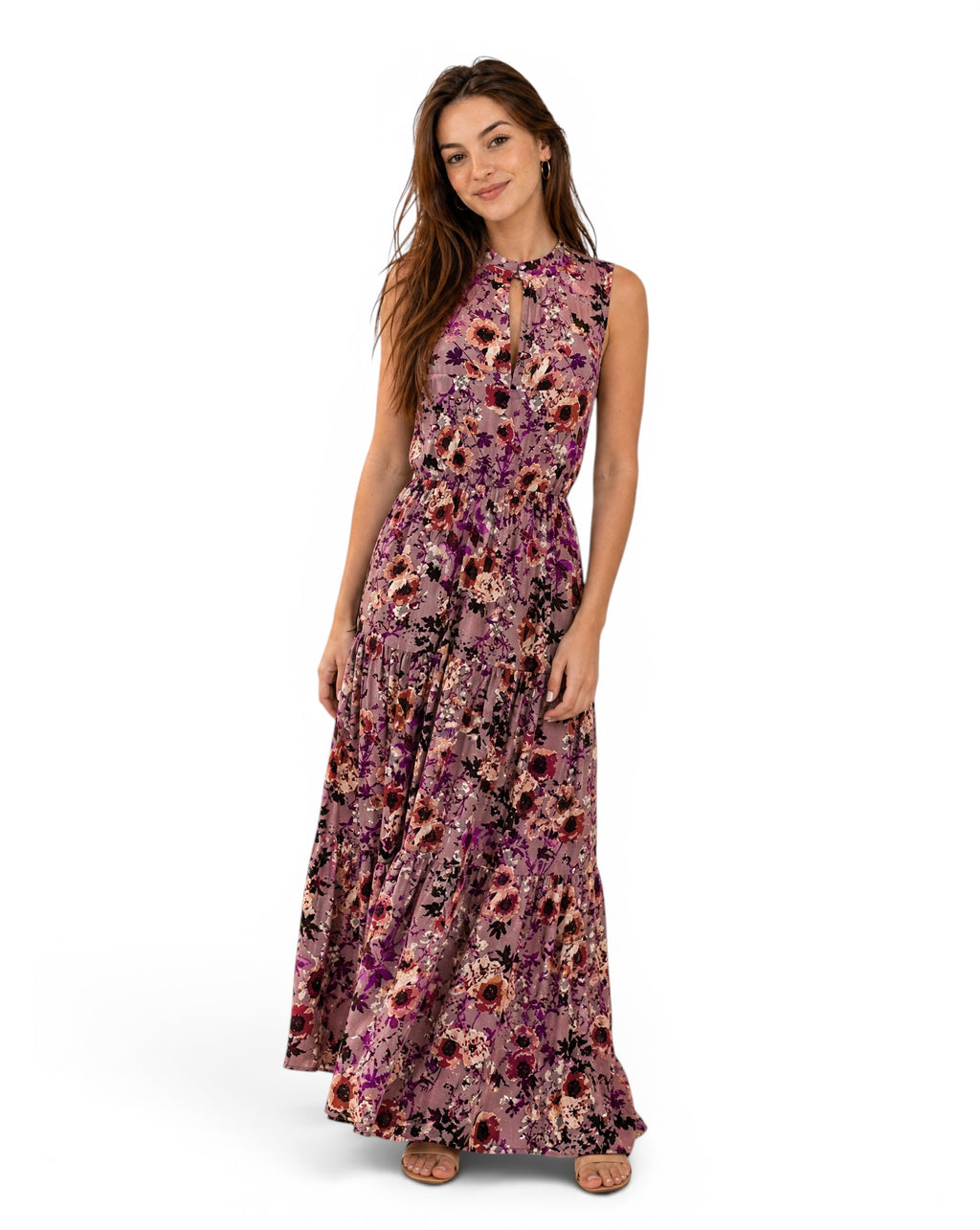 Lange bloemenjurk LULUS mauve boho – Opstaande kraag Bruiloft / Ceremonie