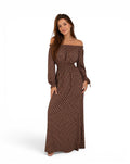 Lange bruine boho zomerjurk met ruitmotief Hayden LA – Off-shoulder