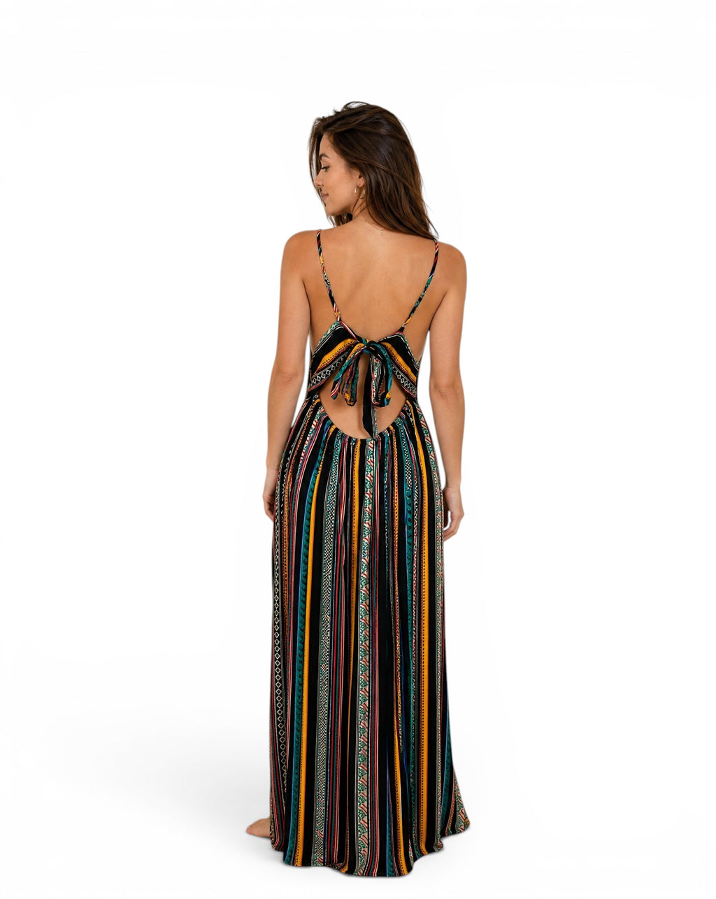 Lange jurk met open rug Boho - 100% Viscose - Meerkleurige etnische print