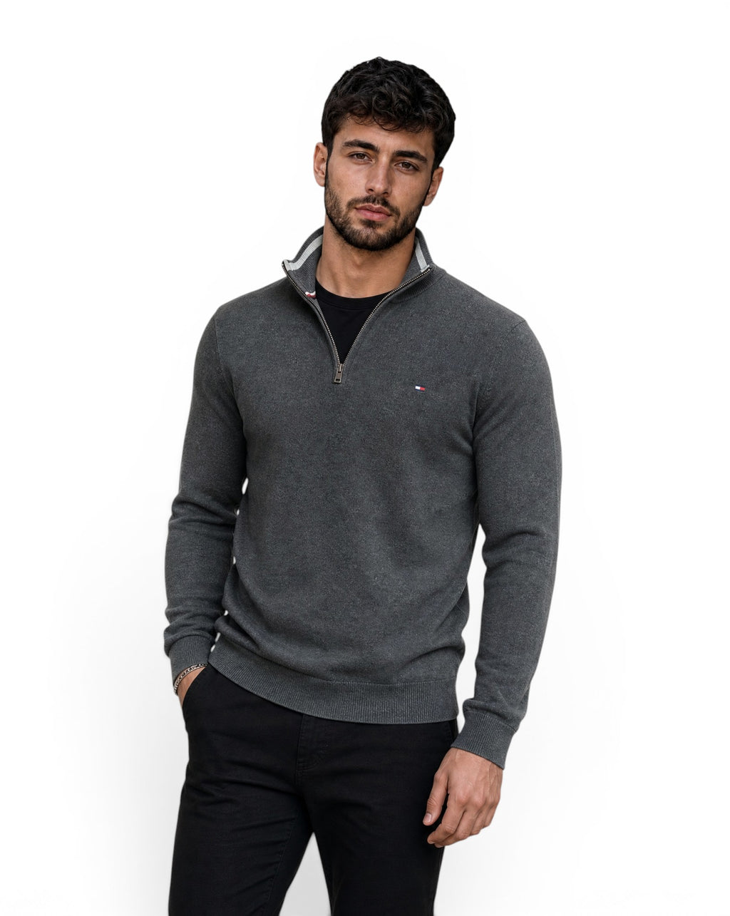 Tommy Hilfiger half-zip trui met col camionneur, donkergrijs met geborduurd logo