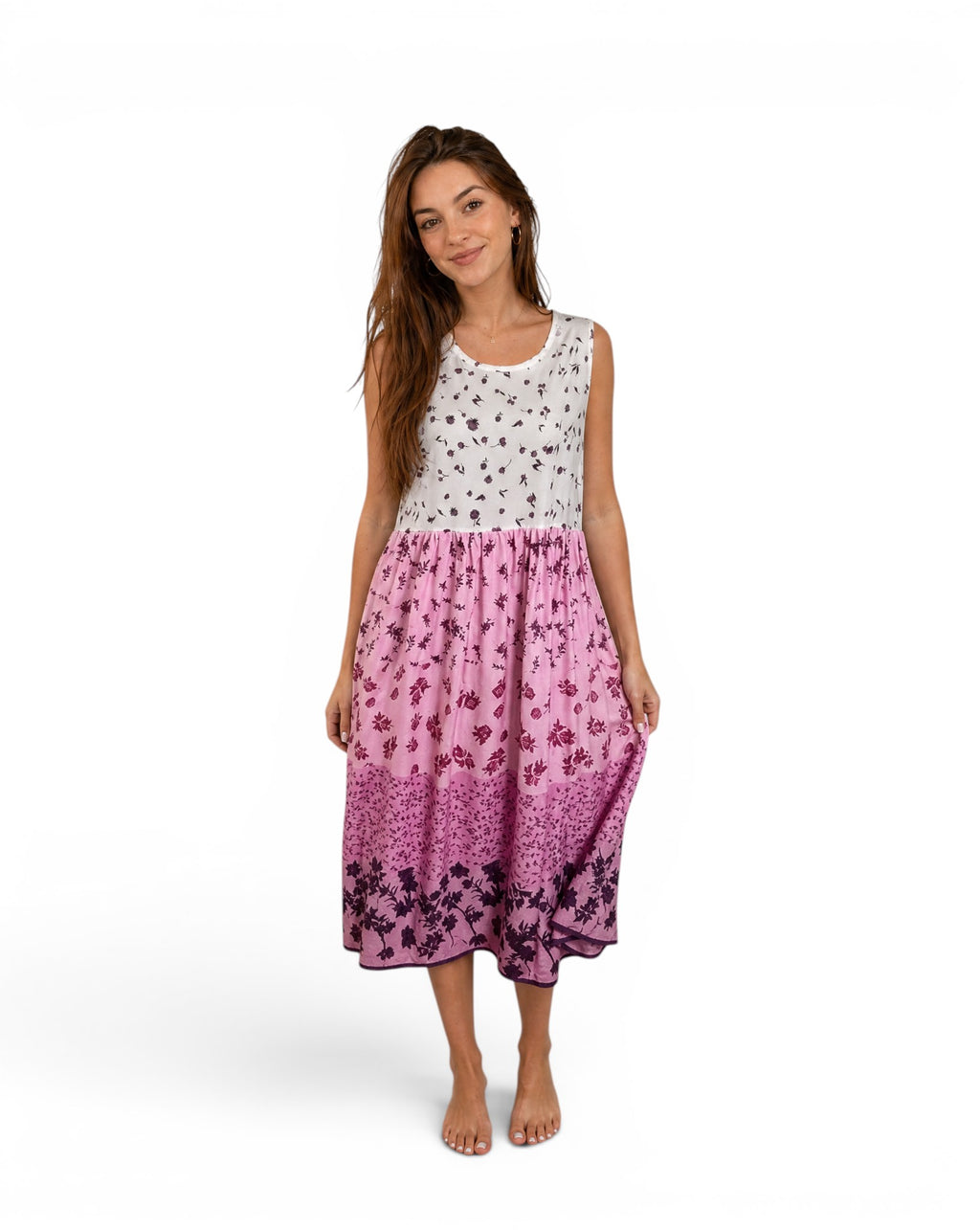 Lange mouwloze bloemenjurk roze en wit – Boho stijl