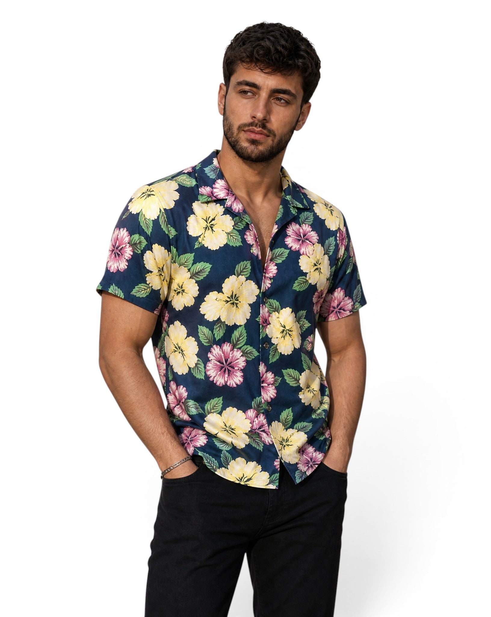 Hawaïhemd Joe Fresh XL 100% Soepel Rayon Hibiscusbloemen Marineblauw