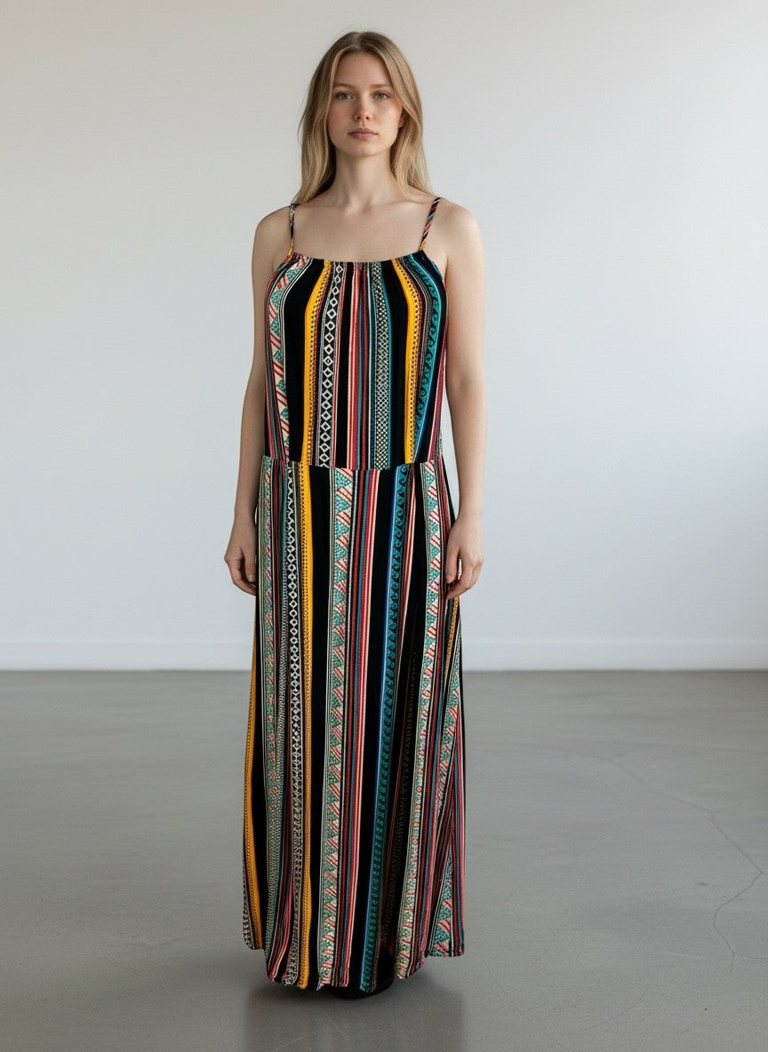 Robe longue Dos Nu Bohème - 100% Viscose - Imprimé Ethnique Multicolore