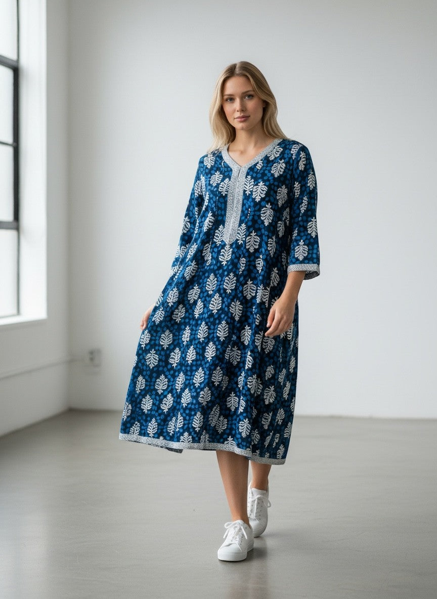 Lange Tuniek in Indiase Kurta-stijl met Florale en Geometrische Print Blauw 100% Rayon