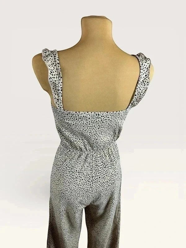 Zomerse jumpsuit Stradivarius crème-wit zwarte stippen bandjes met ruches