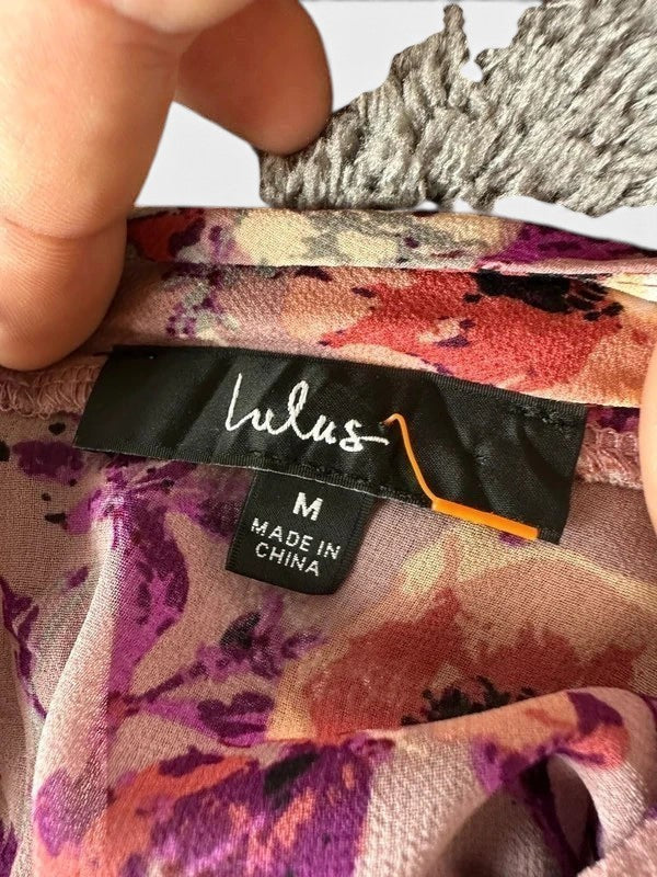 Lange bloemenjurk LULUS mauve boho – Opstaande kraag Bruiloft / Ceremonie