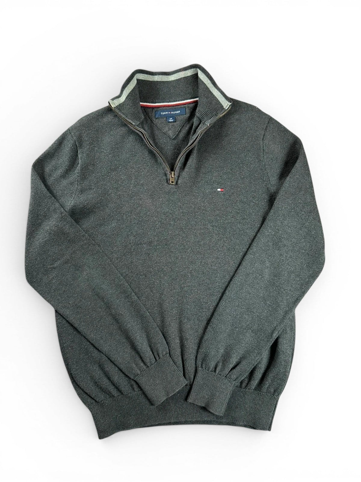 Tommy Hilfiger half-zip trui met col camionneur, donkergrijs met geborduurd logo