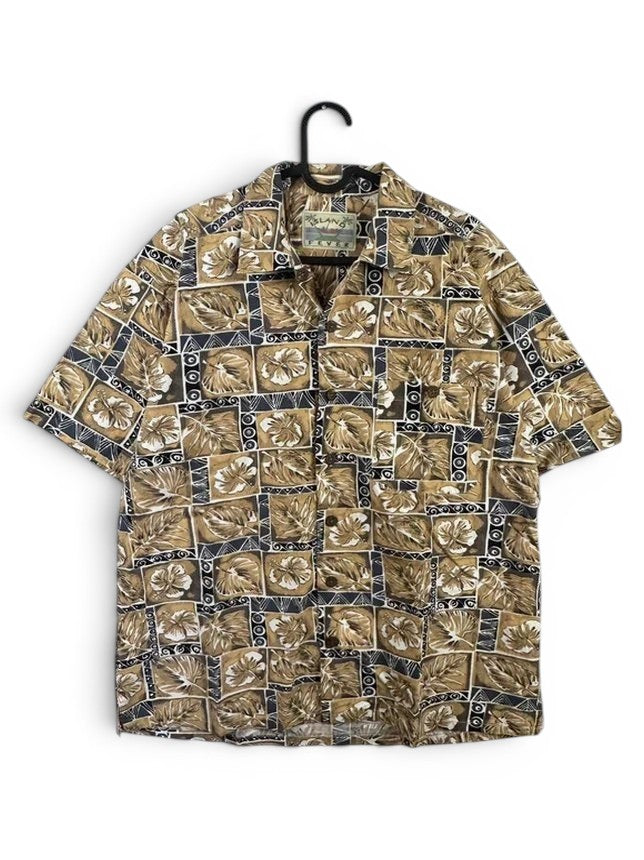 Hawaïhemd Island Fever 100% Katoen Vintage Grafische Print Bruin & Beige