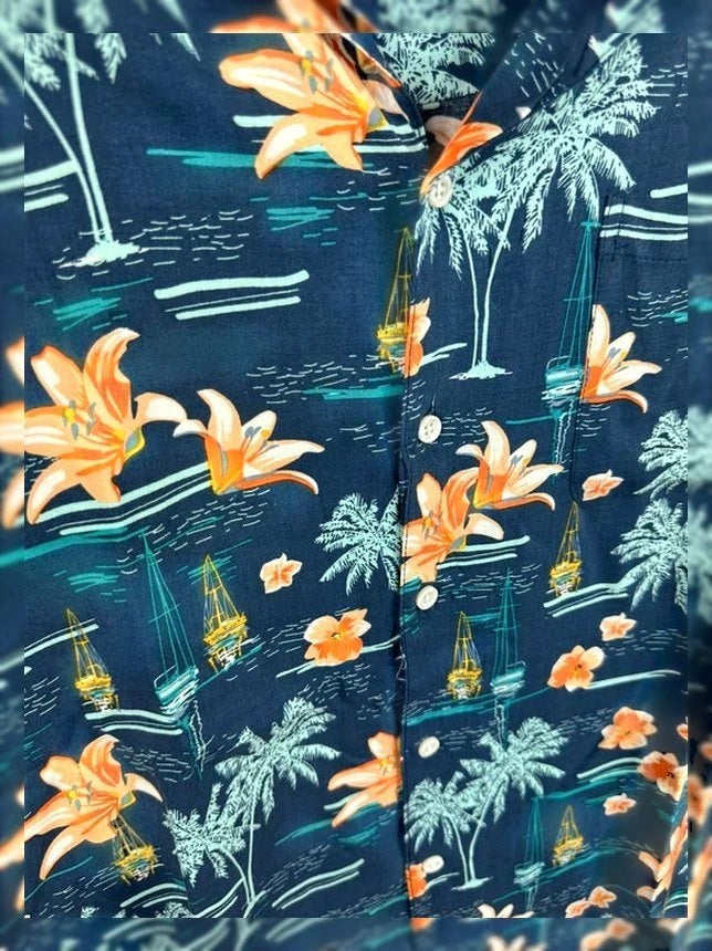 Hawaïhemd Rivers 100% Viscose Blauw Palmboom- & Oranje Lelieprint