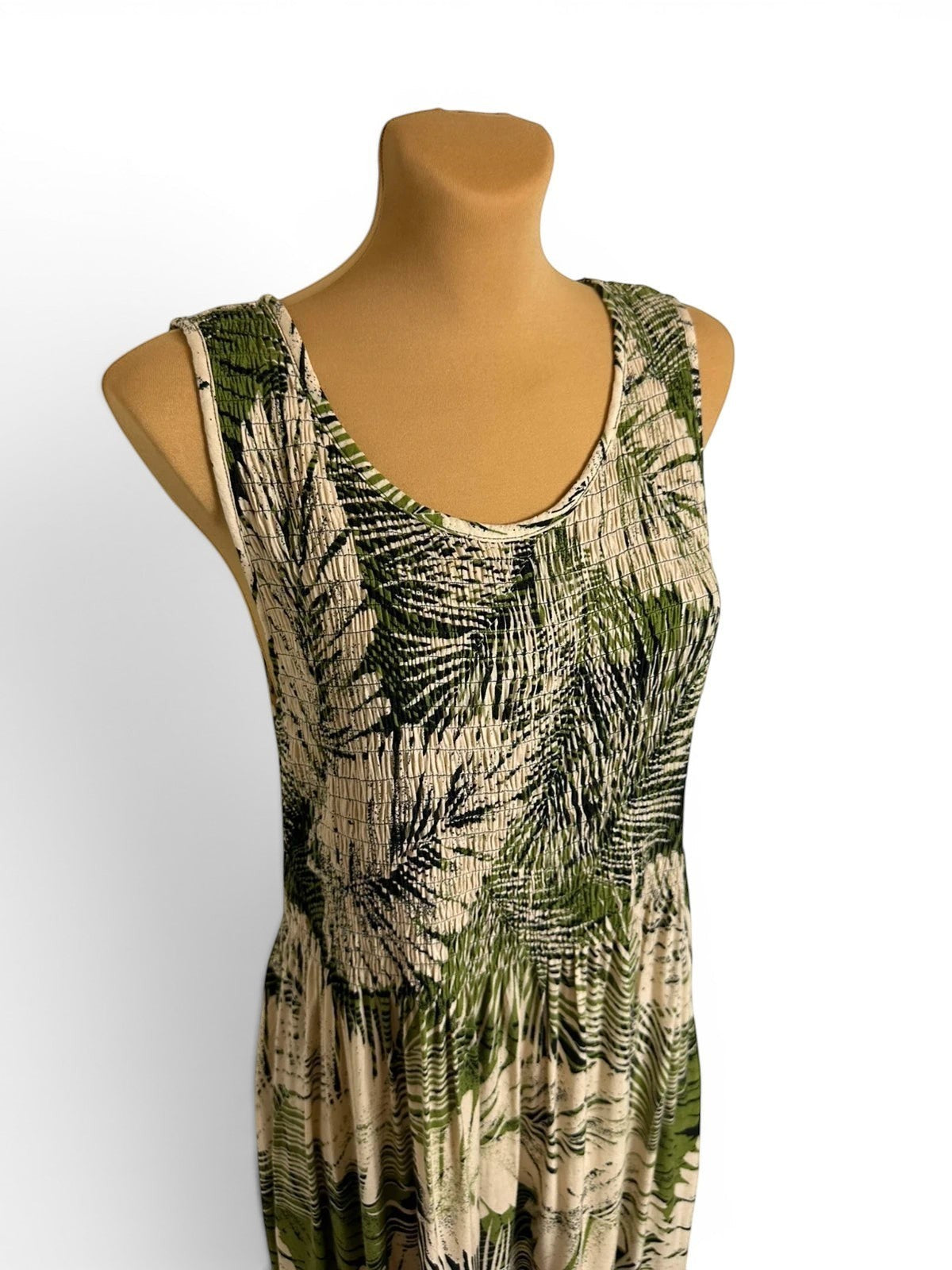 Robe Longue Fleurie Tropicale Imprimé Palmier Vert & Crème Buste Smoké 100% Rayonne