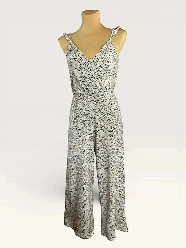 Zomerse jumpsuit Stradivarius crème-wit zwarte stippen bandjes met ruches