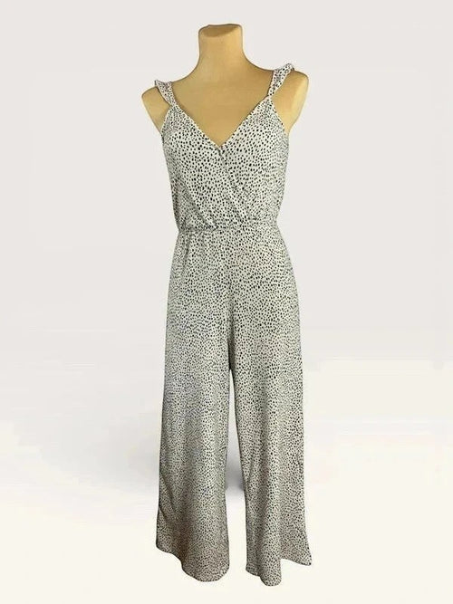 Zomerse jumpsuit Stradivarius crème-wit zwarte stippen bandjes met ruches