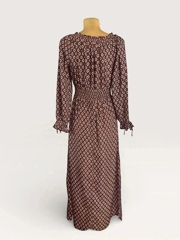 Lange bruine boho zomerjurk met ruitmotief Hayden LA – Off-shoulder
