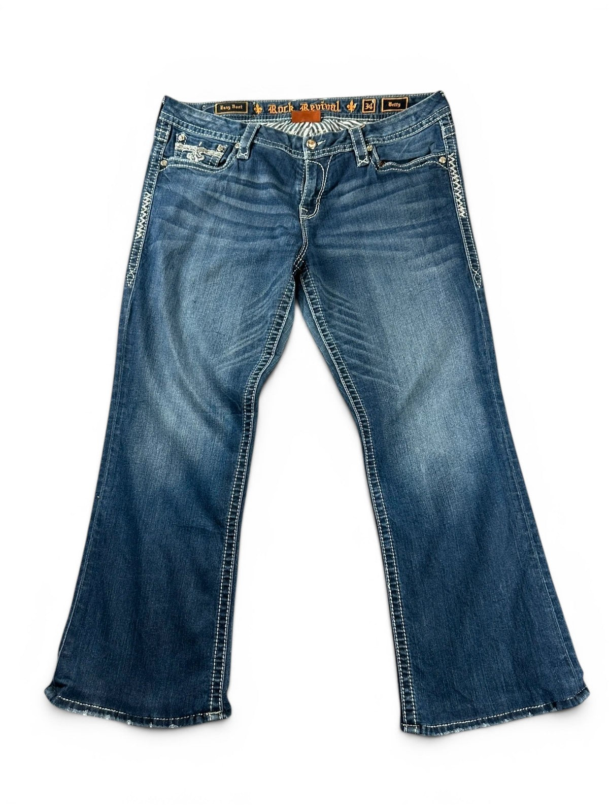 Rock Revival "Betty" Bootcut Jeans Dames Blauw Gewassen Strass