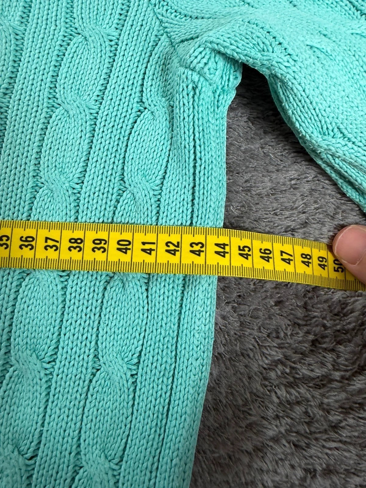 Ralph Lauren kabeltrui met ronde hals, turquoise met rood geborduurd logo