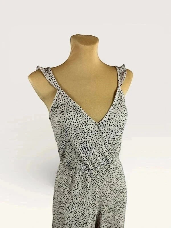 Zomerse jumpsuit Stradivarius crème-wit zwarte stippen bandjes met ruches