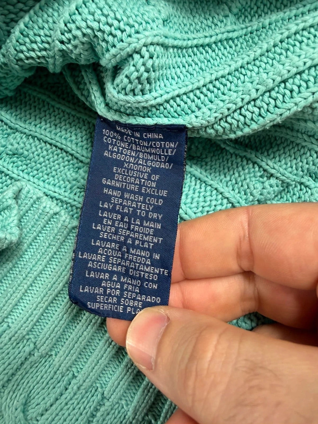 Ralph Lauren kabeltrui met ronde hals, turquoise met rood geborduurd logo