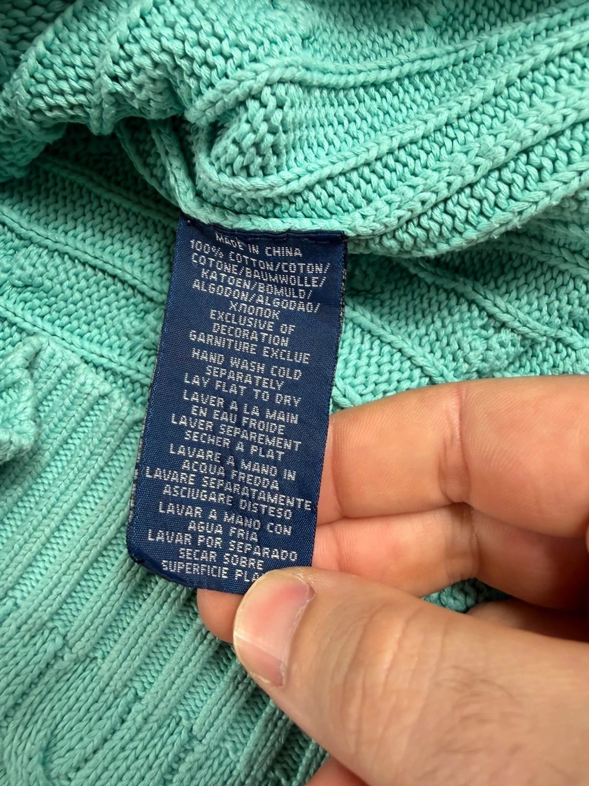 Ralph Lauren kabeltrui met ronde hals, turquoise met rood geborduurd logo