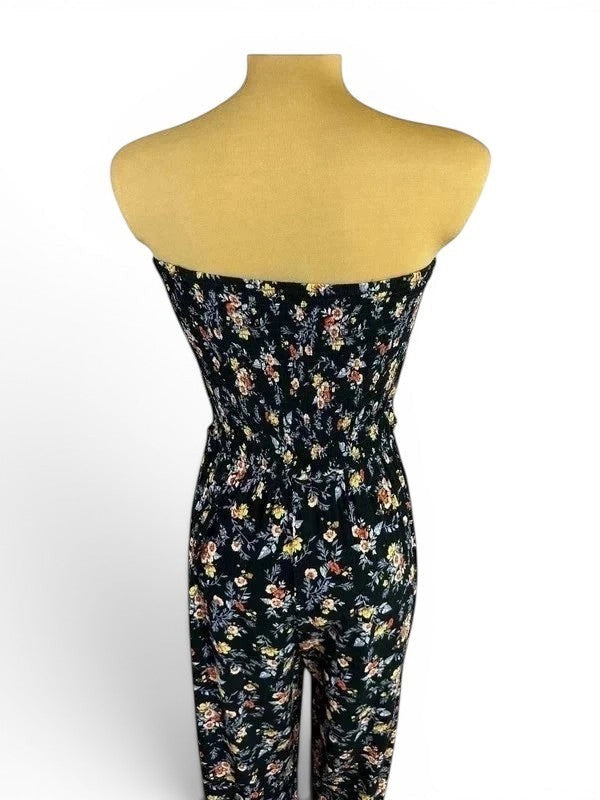 Combinaison bustier fleurie d’été noir jambes large style bohème