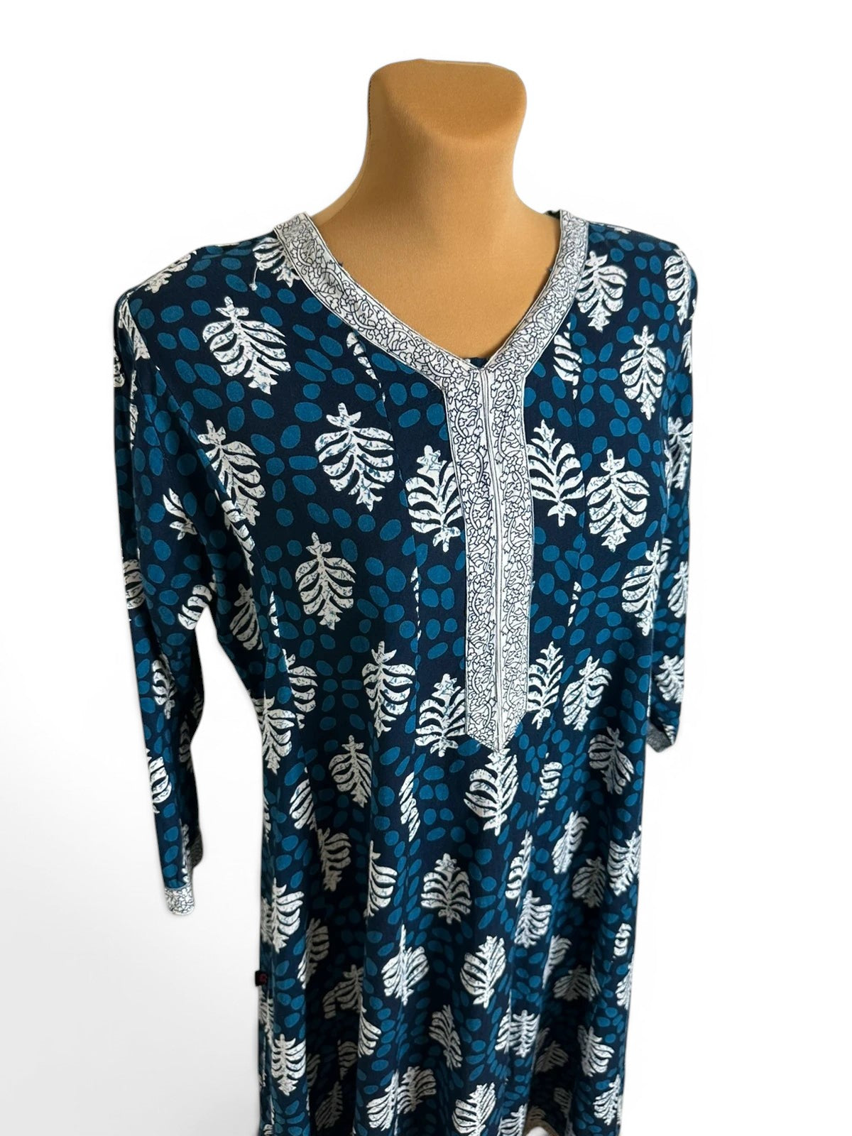 Lange Tuniek in Indiase Kurta-stijl met Florale en Geometrische Print Blauw 100% Rayon
