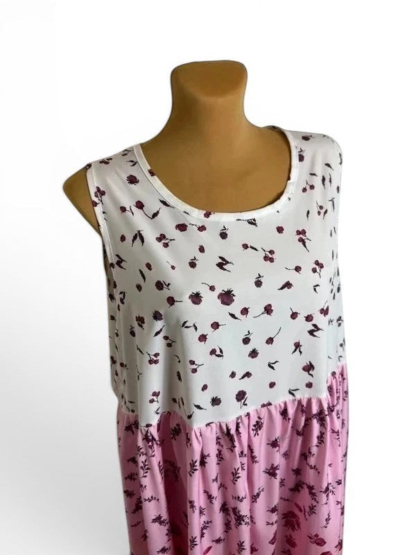 Lange mouwloze bloemenjurk roze en wit – Boho stijl