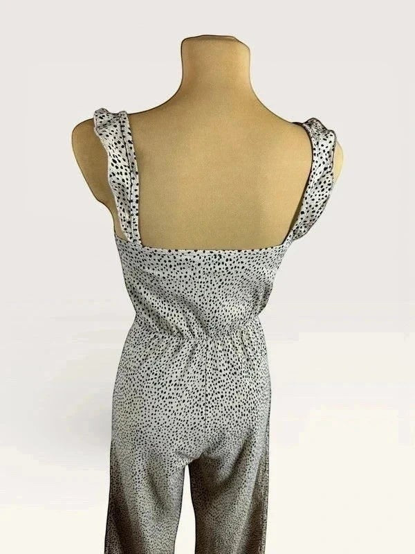 Zomerse jumpsuit Stradivarius crème-wit zwarte stippen bandjes met ruches