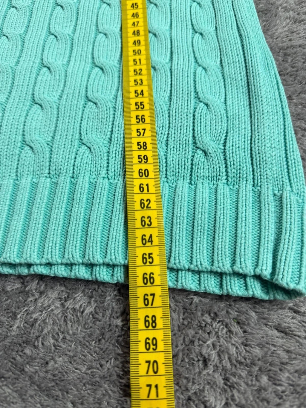 Ralph Lauren kabeltrui met ronde hals, turquoise met rood geborduurd logo