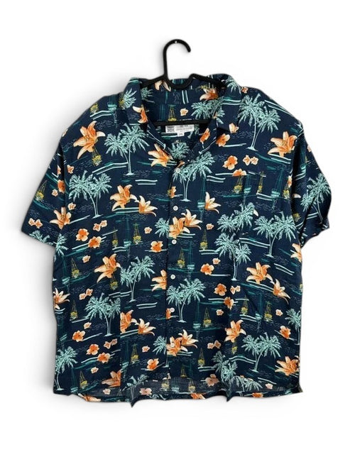 Hawaïhemd Rivers 100% Viscose Blauw Palmboom- & Oranje Lelieprint