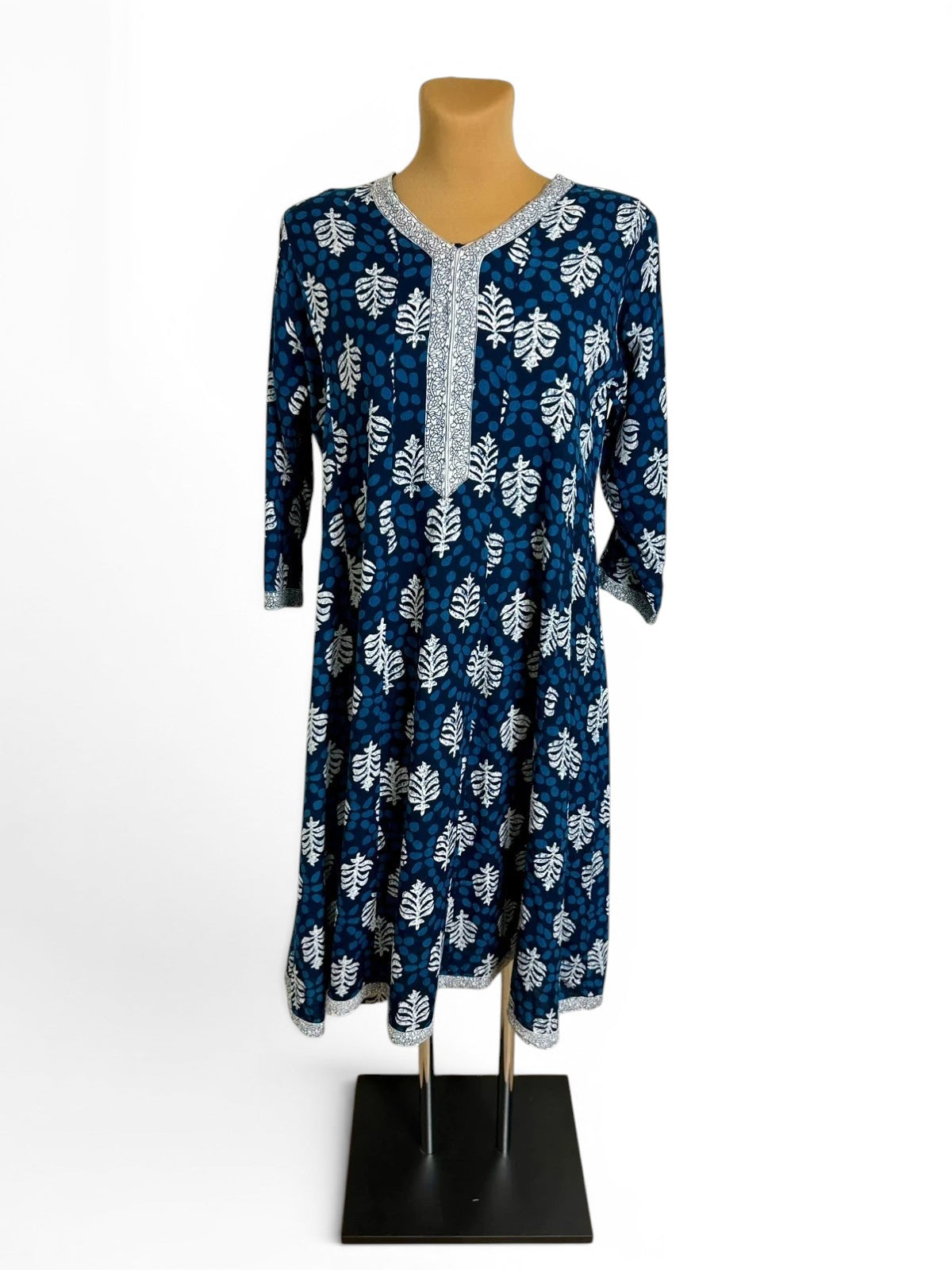 Lange Tuniek in Indiase Kurta-stijl met Florale en Geometrische Print Blauw 100% Rayon