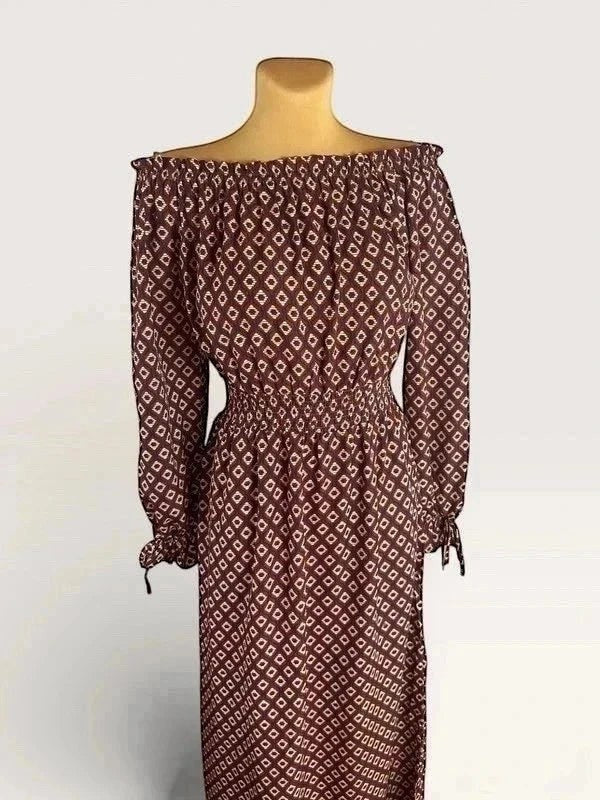 Lange bruine boho zomerjurk met ruitmotief Hayden LA – Off-shoulder