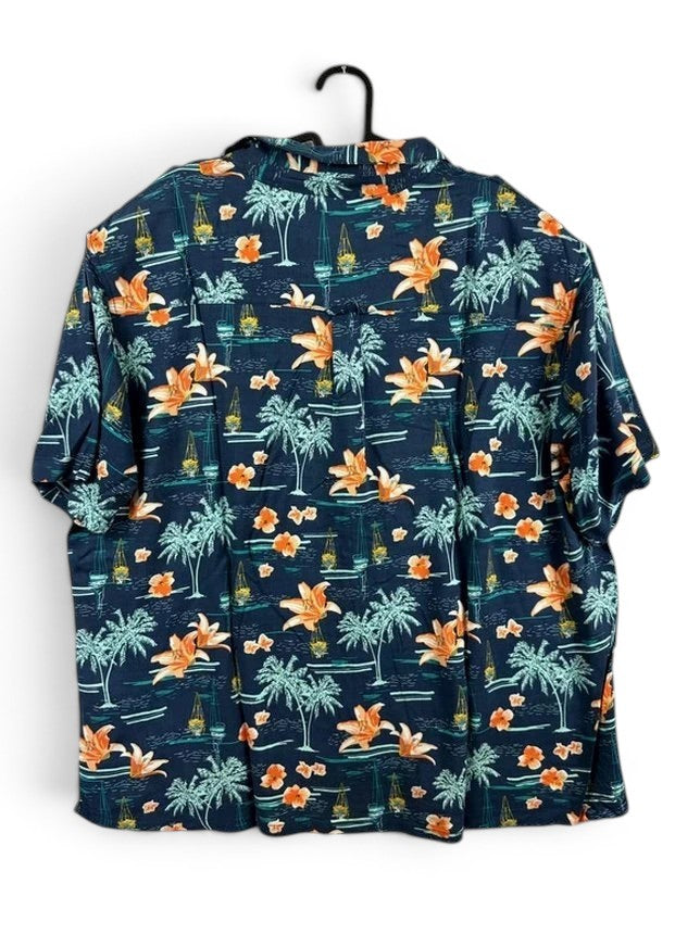 Hawaïhemd Rivers 100% Viscose Blauw Palmboom- & Oranje Lelieprint