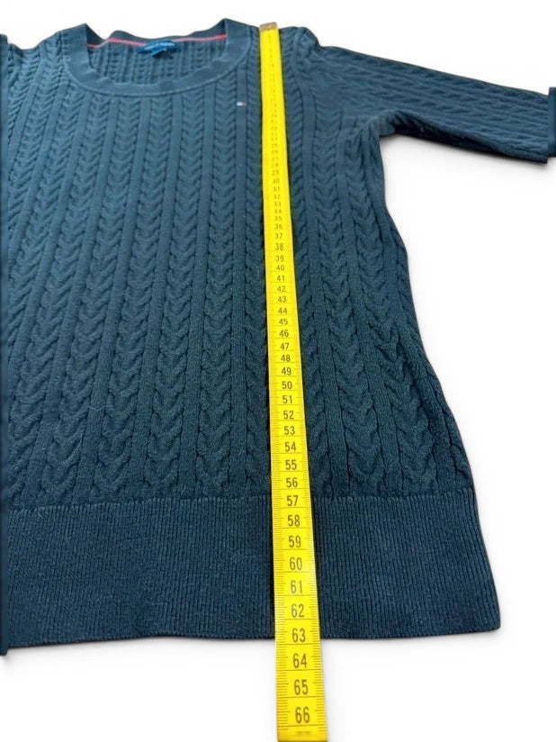Zwarte Tommy Hilfiger trui met ronde hals, kabelgebreid en geborduurd logo