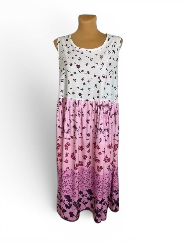 Lange mouwloze bloemenjurk roze en wit – Boho stijl