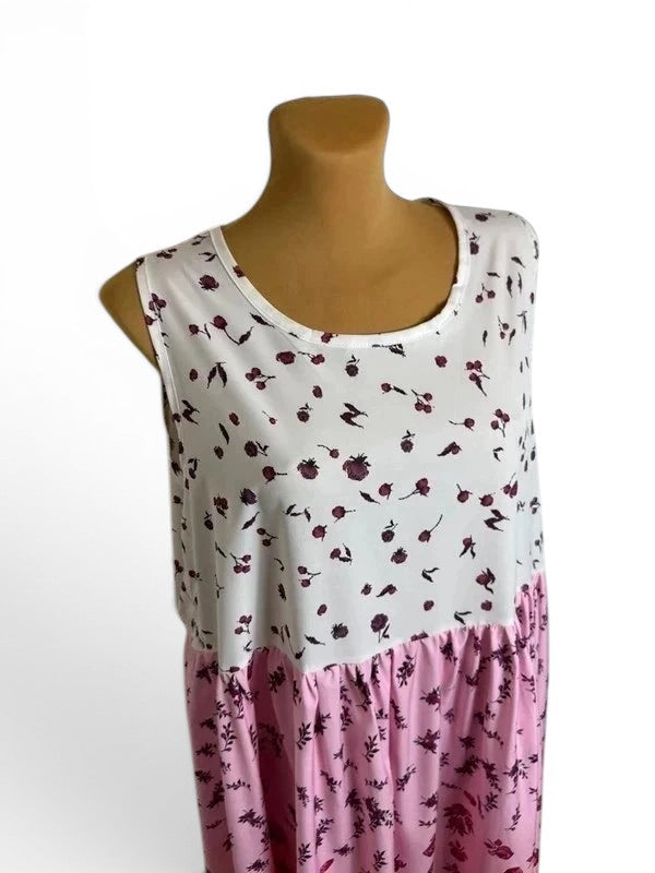 Lange mouwloze bloemenjurk roze en wit – Boho stijl