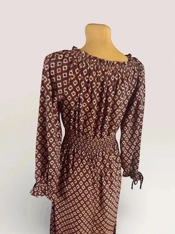 Lange bruine boho zomerjurk met ruitmotief Hayden LA – Off-shoulder